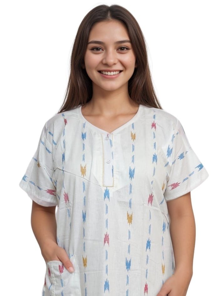 pavih White Printed Pure Cotton A-Line Nighty