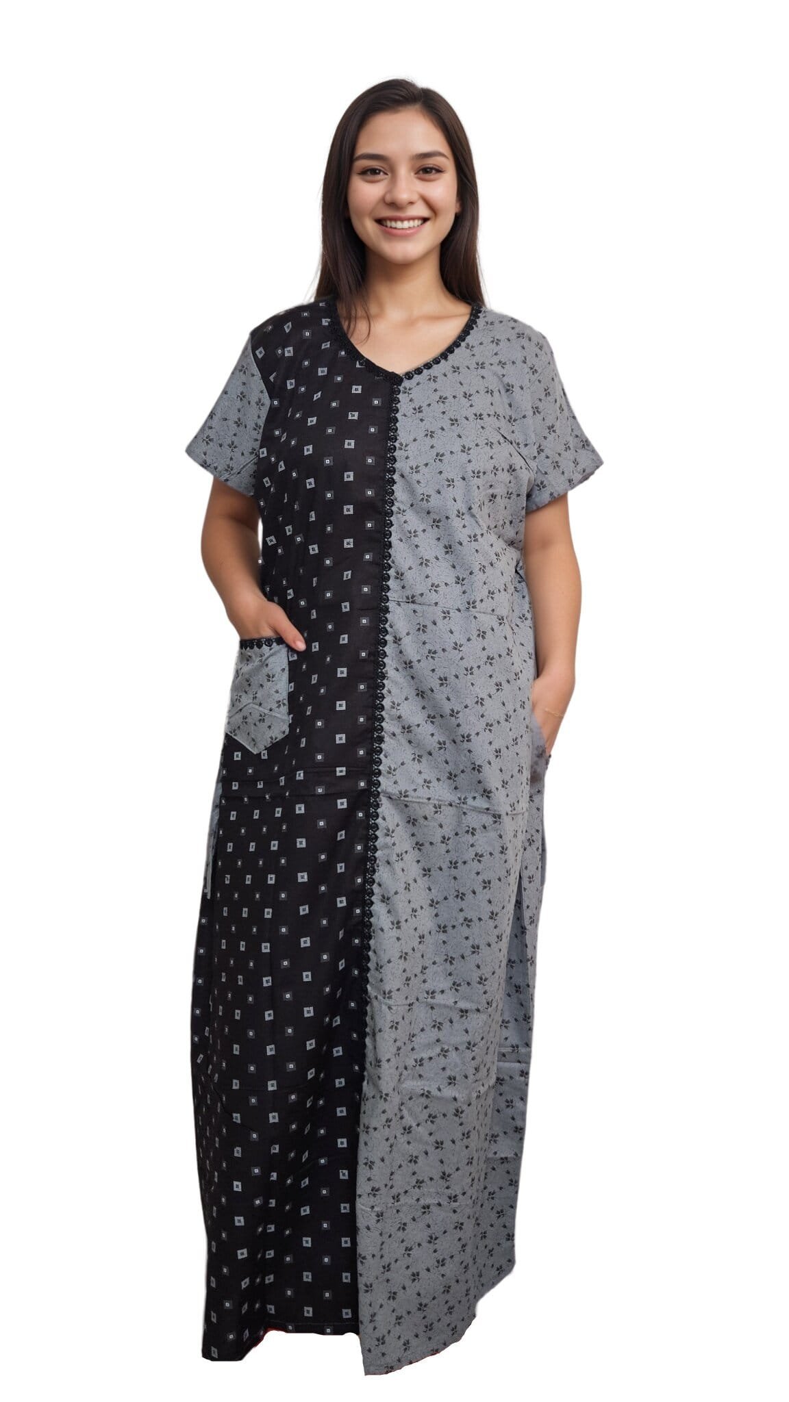 N214 2 Pavih Black Grey Pure Cotton A-Line Designer Nighty
