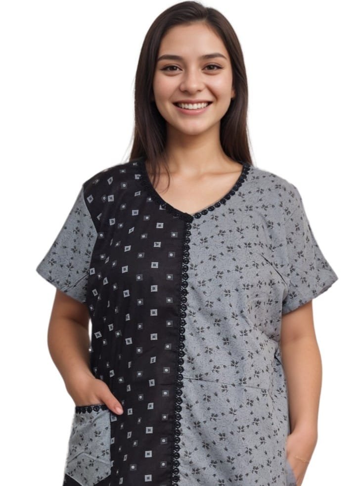 Pavih Black Grey Pure Cotton A-Line Designer Nighty