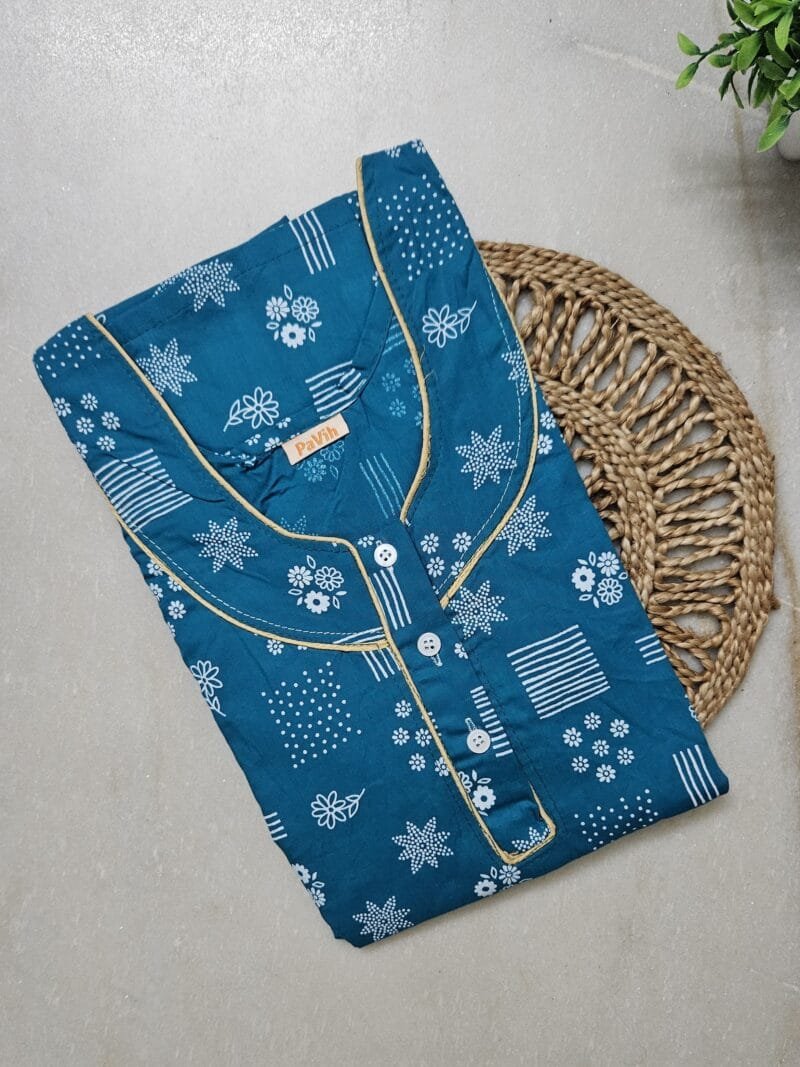 Pavih Blue Pure Cotton Nighty with Pocket