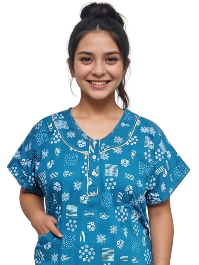 Pavih Blue Pure Cotton Nighty with Pocket