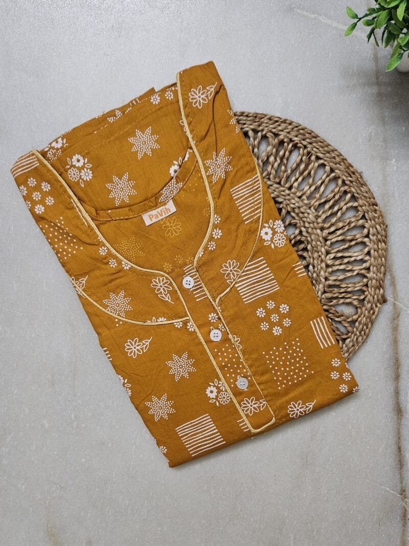Pavih Yellow Pure Cotton A-Line Nighty with Pocket