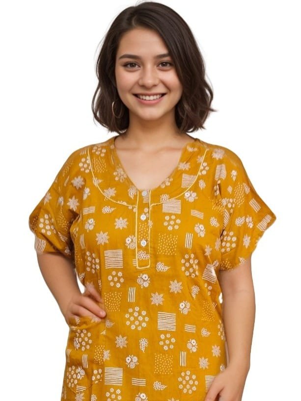 Pavih Yellow Pure Cotton A-Line Nighty with Pocket
