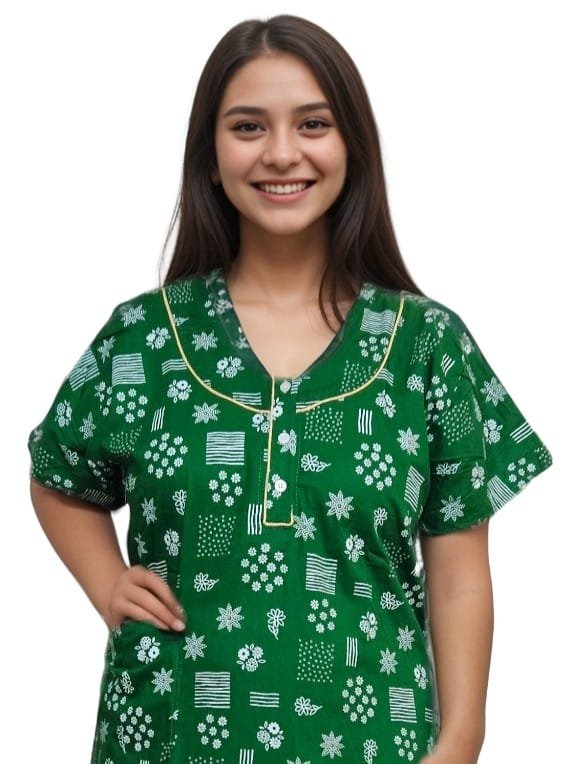 Pavih Green Pure Cotton A-Line Nighty with Pocket