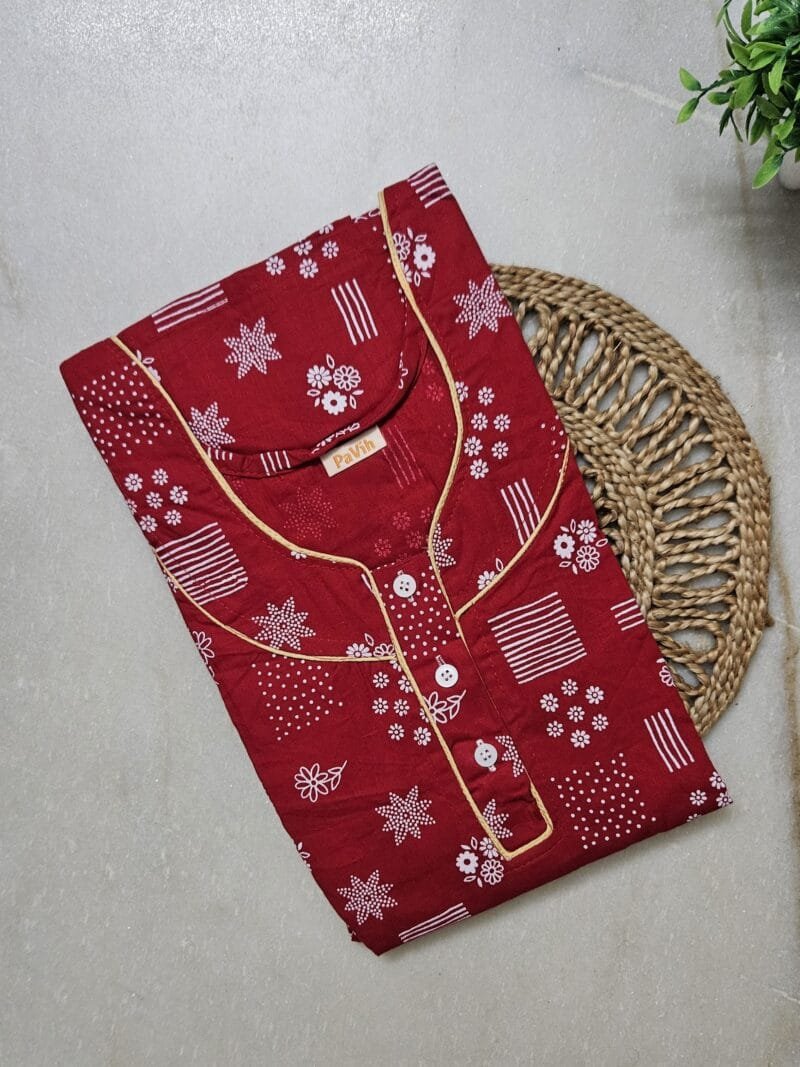Pavih Red Pure Cotton Nighty with Pocket