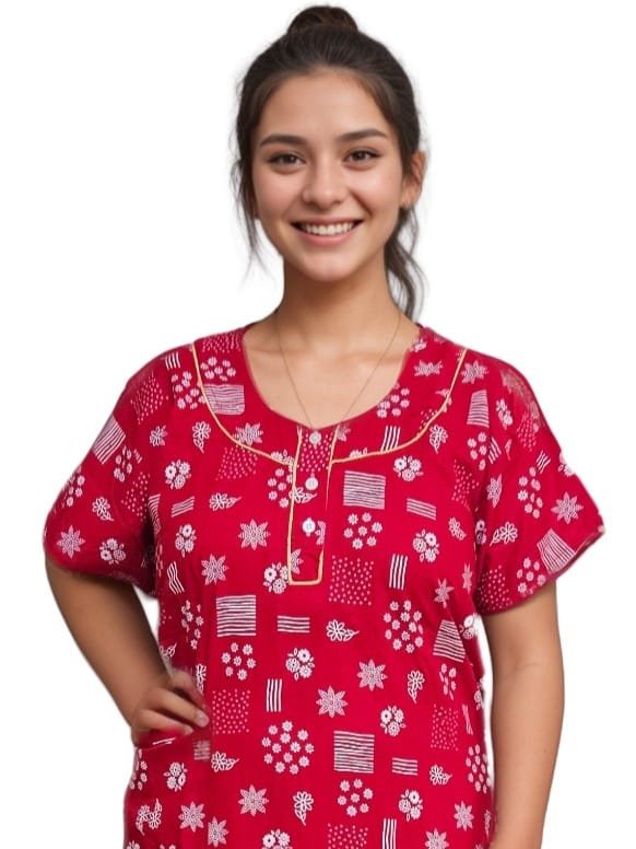 Pavih Red Pure Cotton Nighty with Pocket