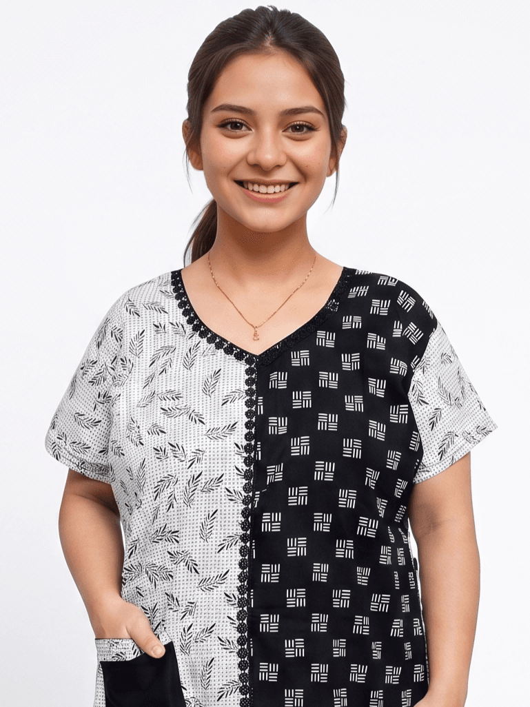 White Black A-Line 100% Pure Cotton Designer Nighty with Pocket | Relaxed Fit || 4XL, Bust Size 48” | N221