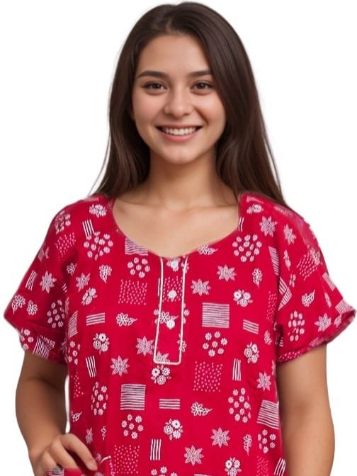 Pavih Red Pure Cotton Nighty with Pocket