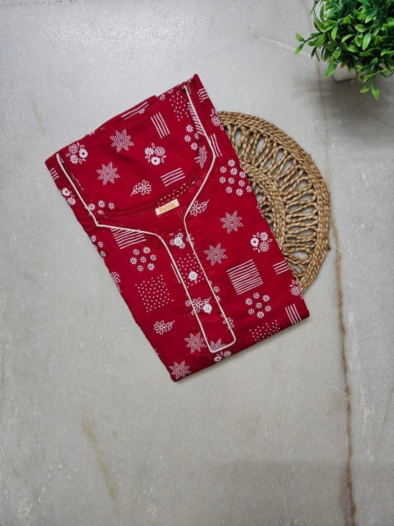 Pavih Red Pure Cotton Nighty with Pocket