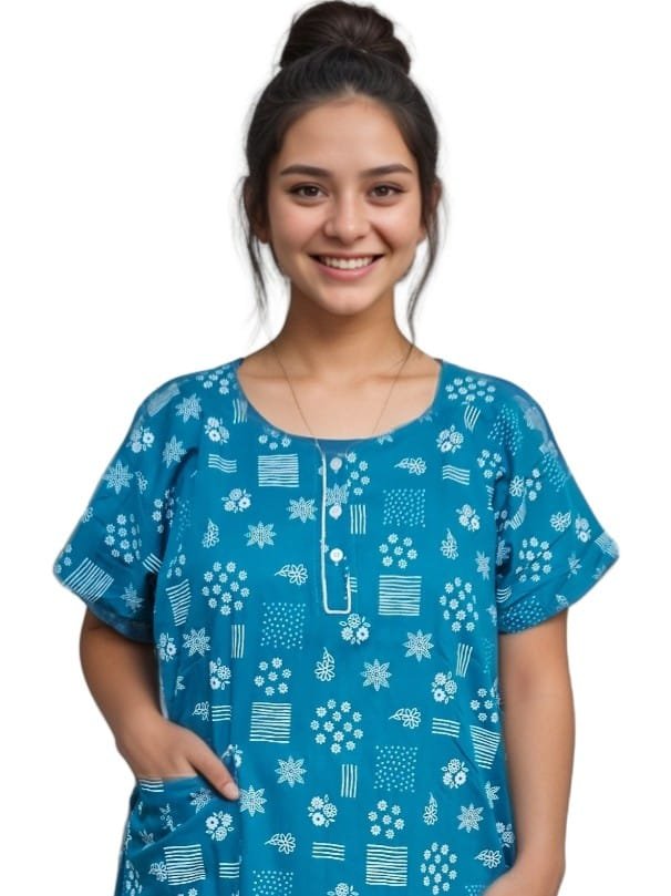 Pavih Blue Pure Cotton Nighty with Pocket