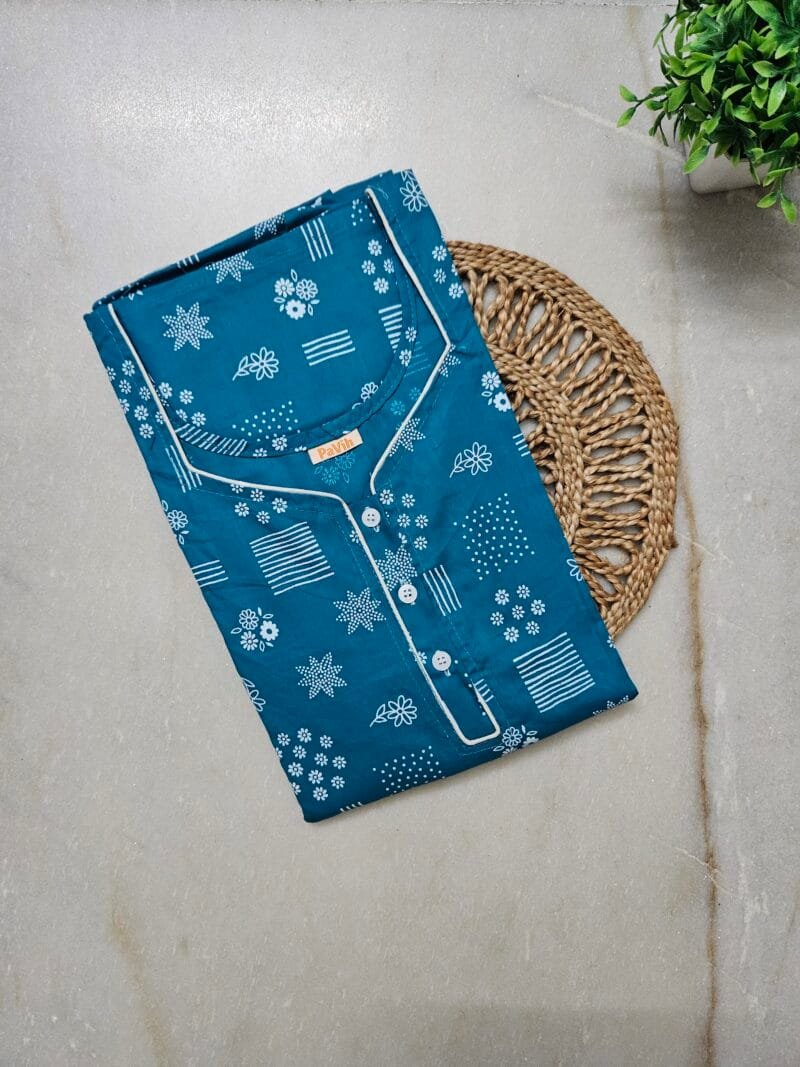 Pavih Blue Pure Cotton Nighty with Pocket