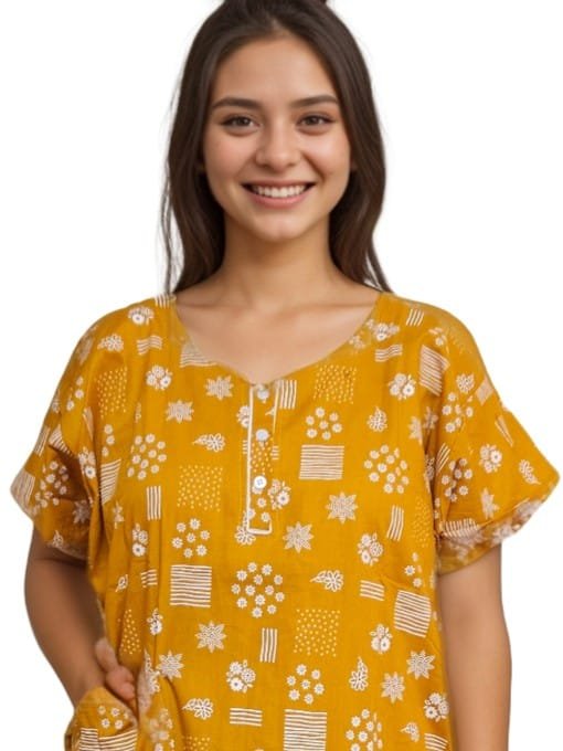 Pavih Yellow Pure Cotton A-Line Nighty with Pocket