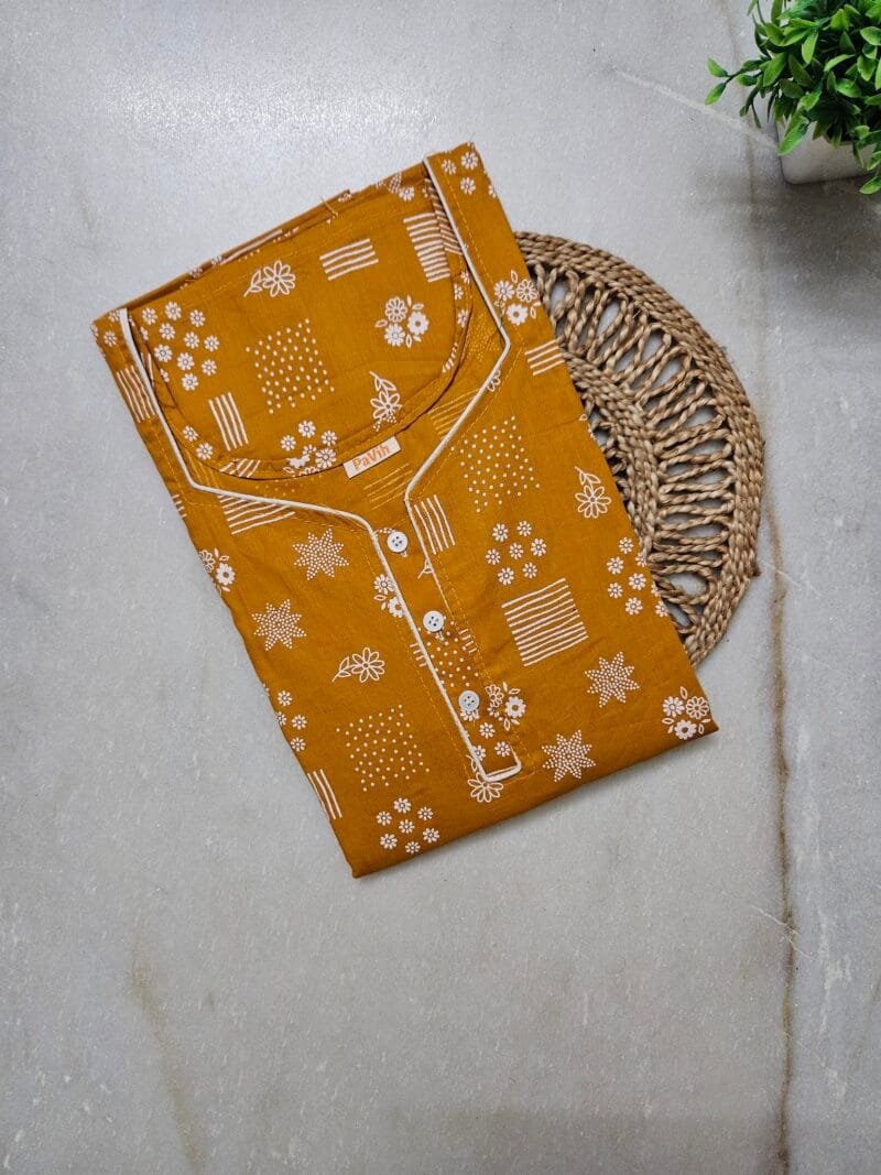 Pavih Yellow Pure Cotton A-Line Nighty with Pocket