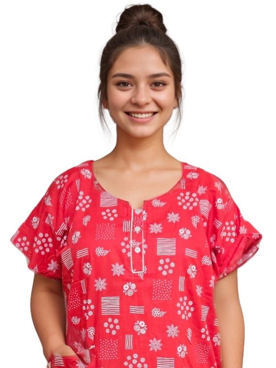Pavih Crimson A-Line Pure Cotton Nighty with Pocket