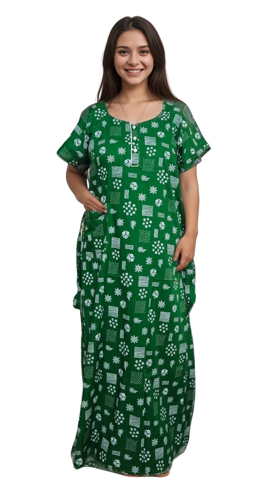 N227 1 Pavih Green A-Line Pure Cotton Nighty with Pocket