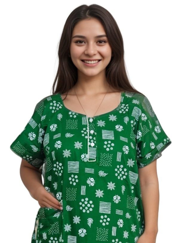 Pavih Green A-Line Pure Cotton Nightie with Pocket
