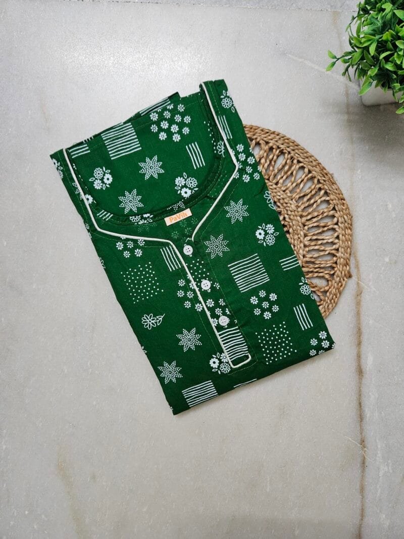 Pavih Green A-Line Pure Cotton Nighty with Pocket