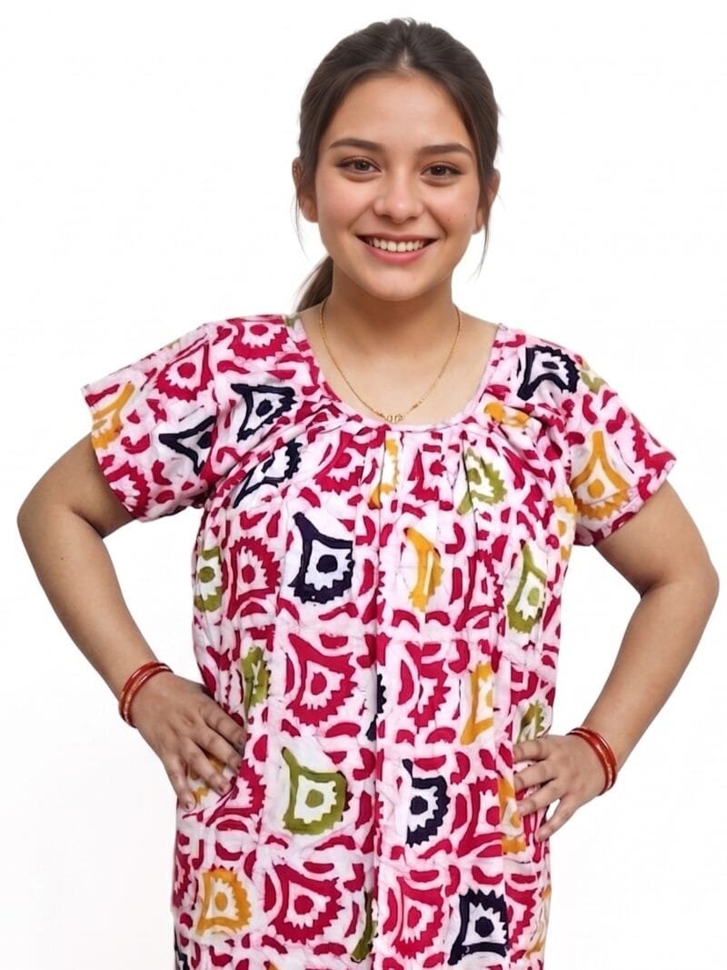 Minakari Batik Round Neck Pure Cotton Nighty Relaxed Fit 4XL Bust 48 inch