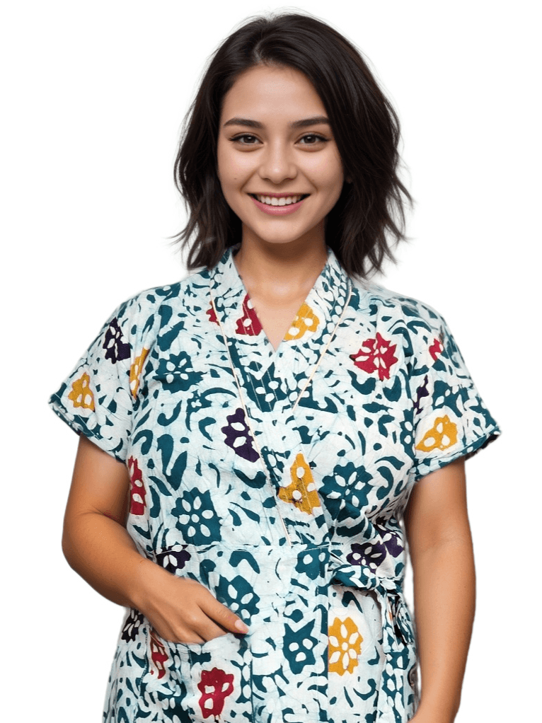 Green & White Multicoloured Pure Cotton Minakari Housecoat