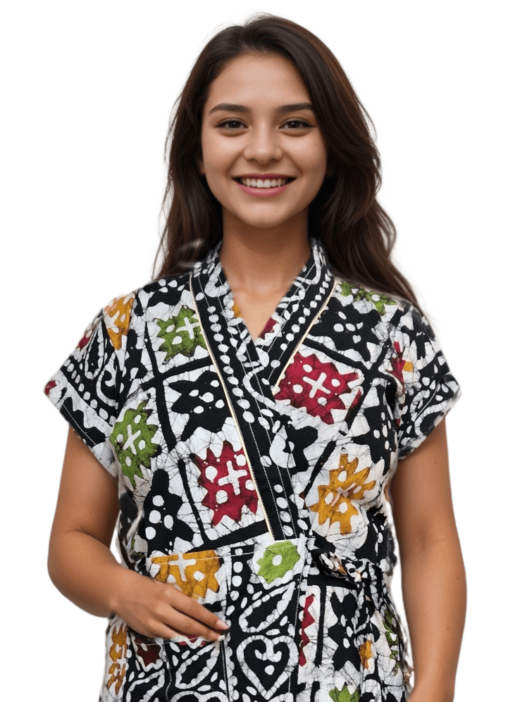 Black & White Multicoloured Pure Cotton Minakari Housecoat