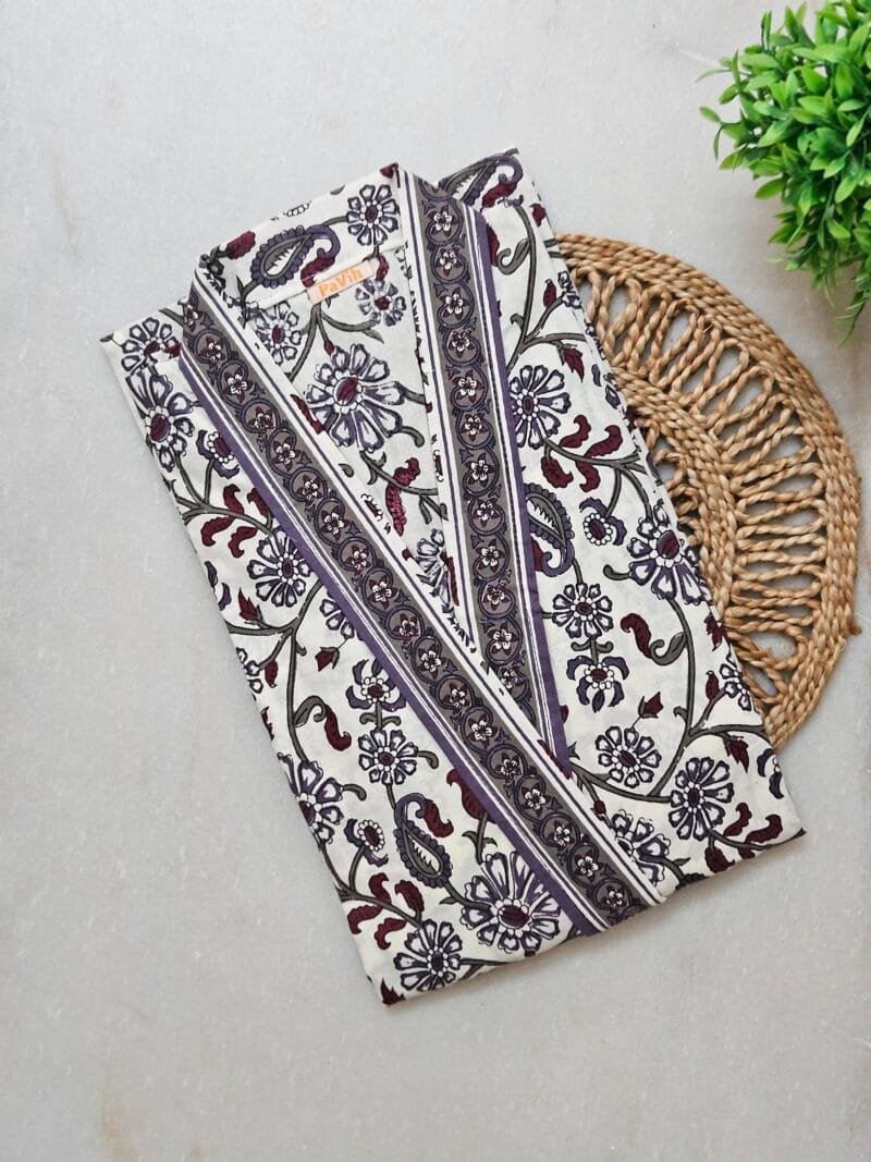 Purple & White Floral Print Pure Jaipuri Cotton Housecoat H12 (1) Purple & White Floral Print Pure Jaipuri Cotton Housecoat