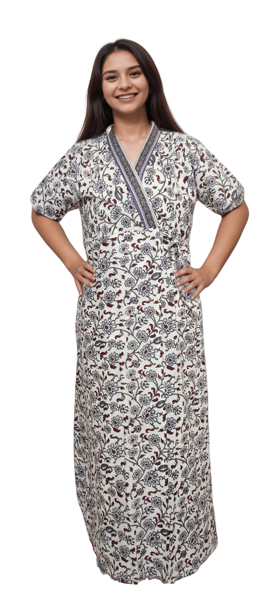 H12 1 Purple & White Floral Print Pure Jaipuri Cotton Housecoat