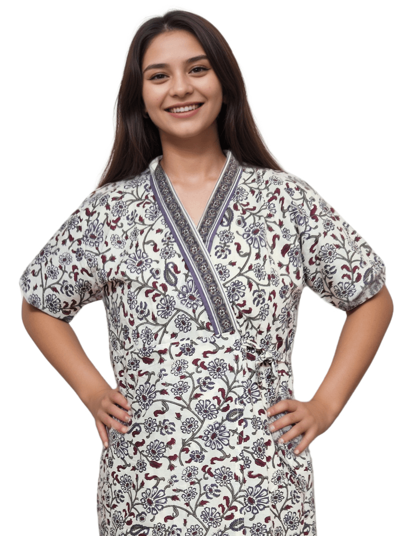 H12 2 Purple & White Floral Print Pure Jaipuri Cotton Housecoat