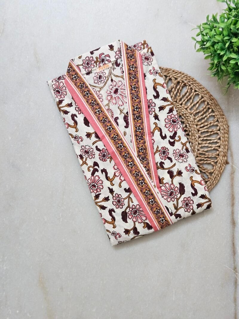 Peach & White Floral Print Pure Jaipuri Cotton Housecoat H13 (1) Peach & White Floral Print Pure Jaipuri Cotton Housecoat