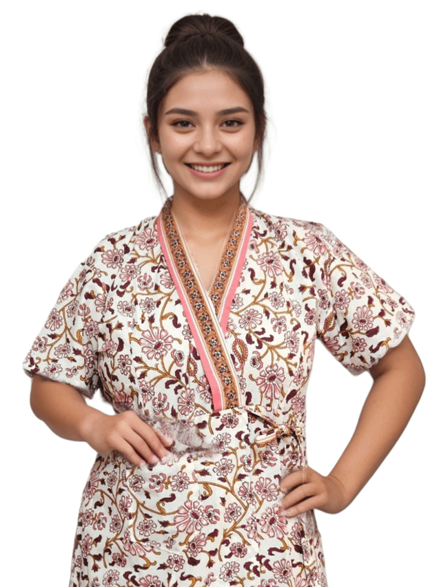 Peach & White Floral Print Pure Jaipuri Cotton Housecoat