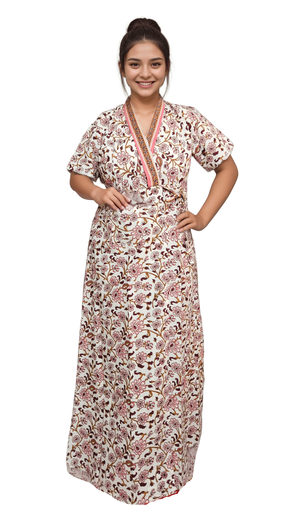 H13 2 Peach & White Floral Print Pure Jaipuri Cotton Housecoat