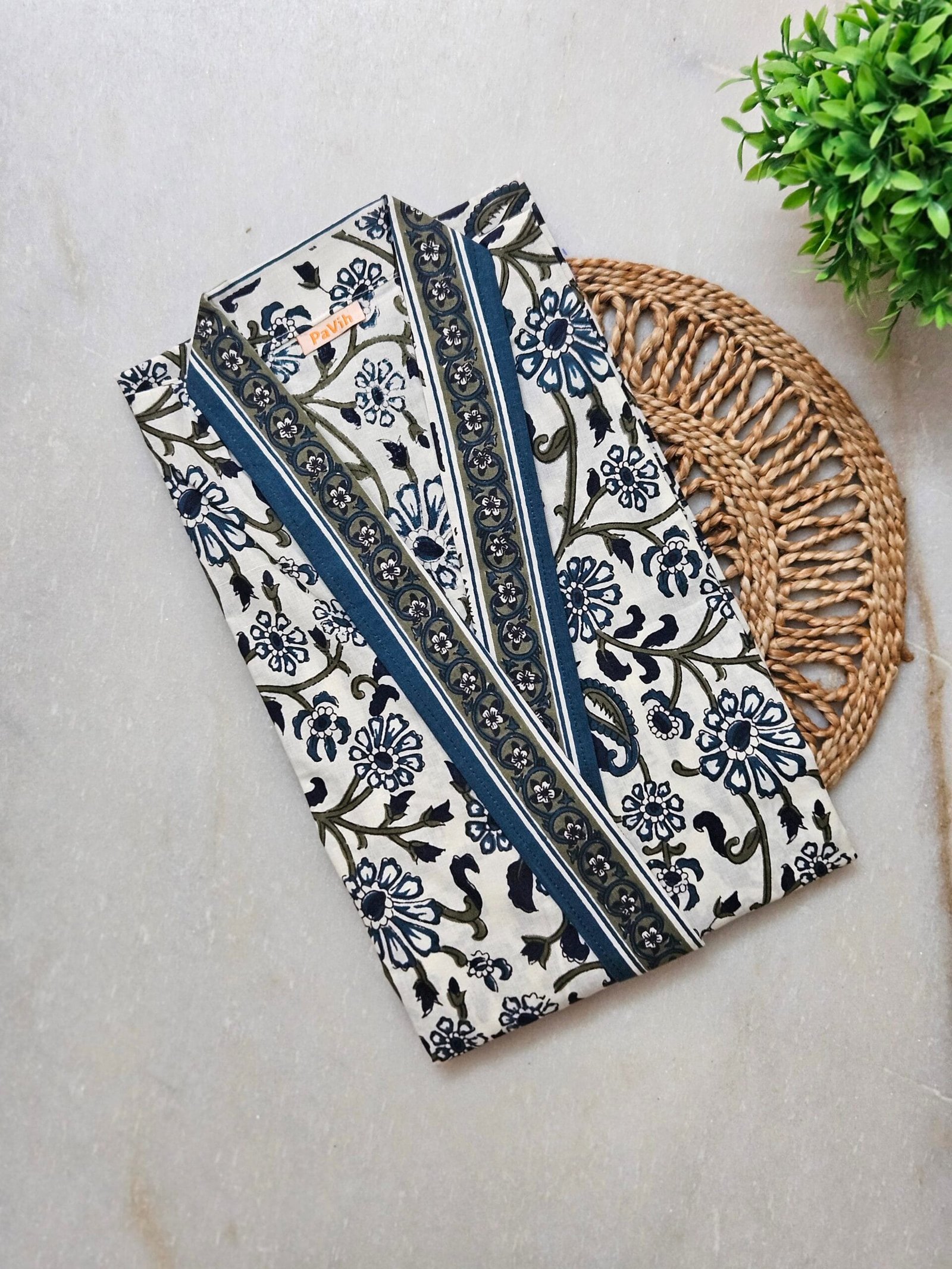 H14 1 scaled Blue & White Floral Print Pure Jaipuri Cotton Housecoat