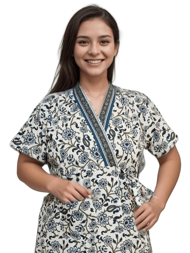 Blue & White Floral Print Pure Jaipuri Cotton Housecoat