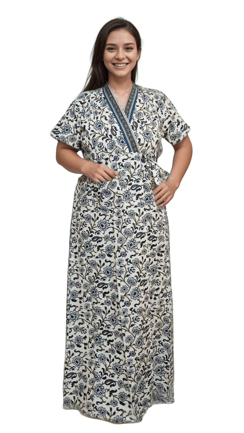 H14 2 Blue & White Floral Print Pure Jaipuri Cotton Housecoat