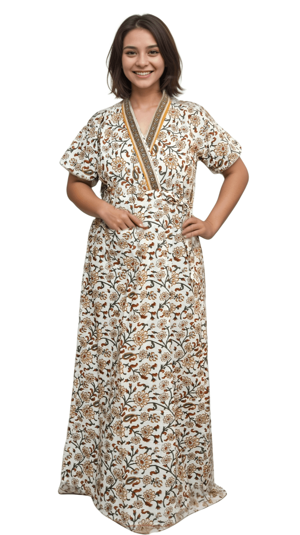 H15 1 Mustard Yellow & White Floral Print Pure Jaipuri Cotton Housecoat