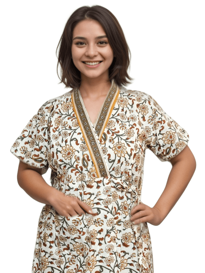 Mustard Yellow & White Floral Print Pure Jaipuri Cotton Housecoat