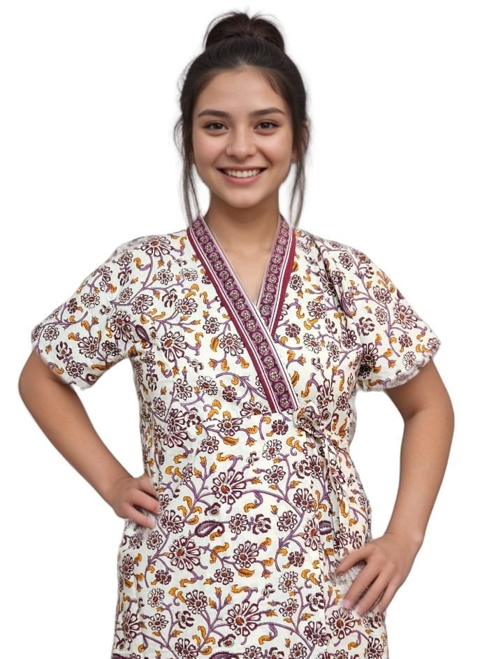 H16 2 Maroon & White Floral Print Pure Jaipuri Cotton Housecoat