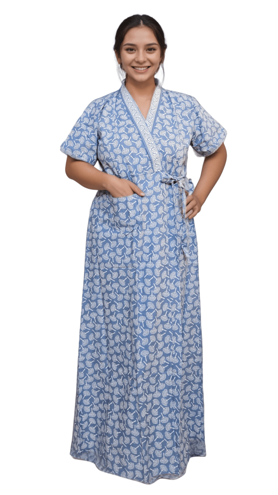 H17 1 Pastel Blue Jaipuri Cotton Housecoat