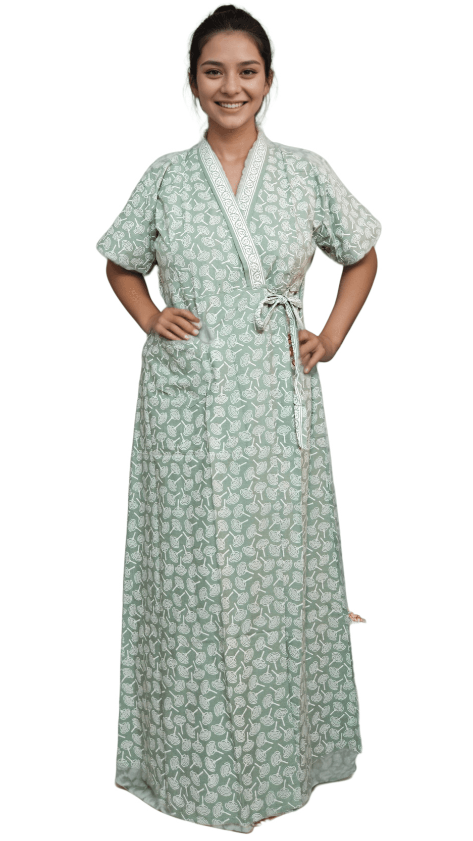H20 1 Pastel Green Jaipuri Cotton Housecoat