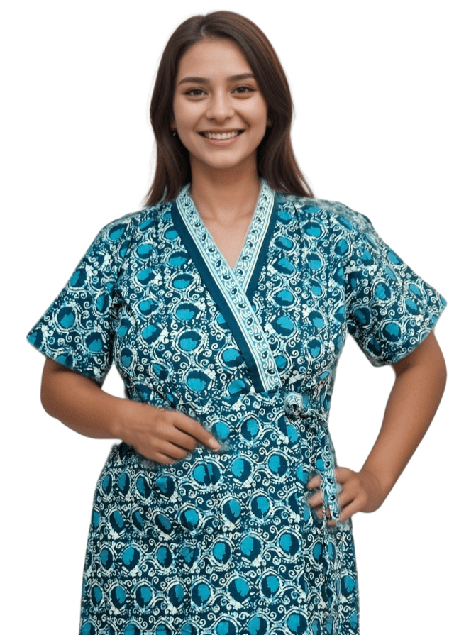 Green & Blue Jaipuri Cotton Housecoat