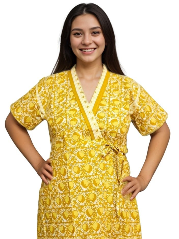 Mustard Yellow Jaipuri Cotton Housecoat