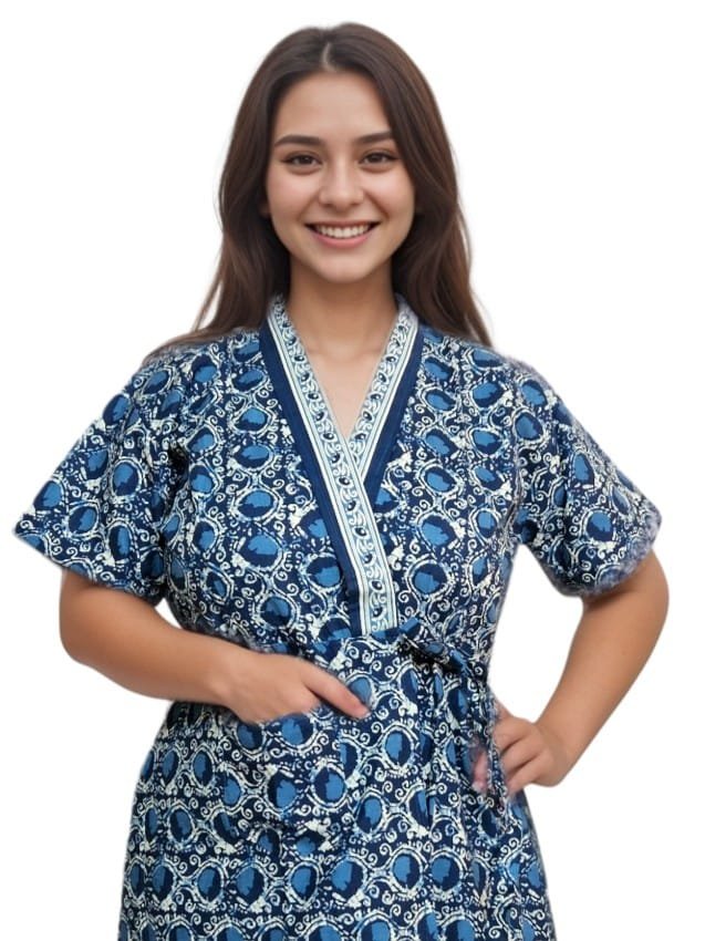 H24 2 Navy Blue Jaipuri Cotton Housecoat