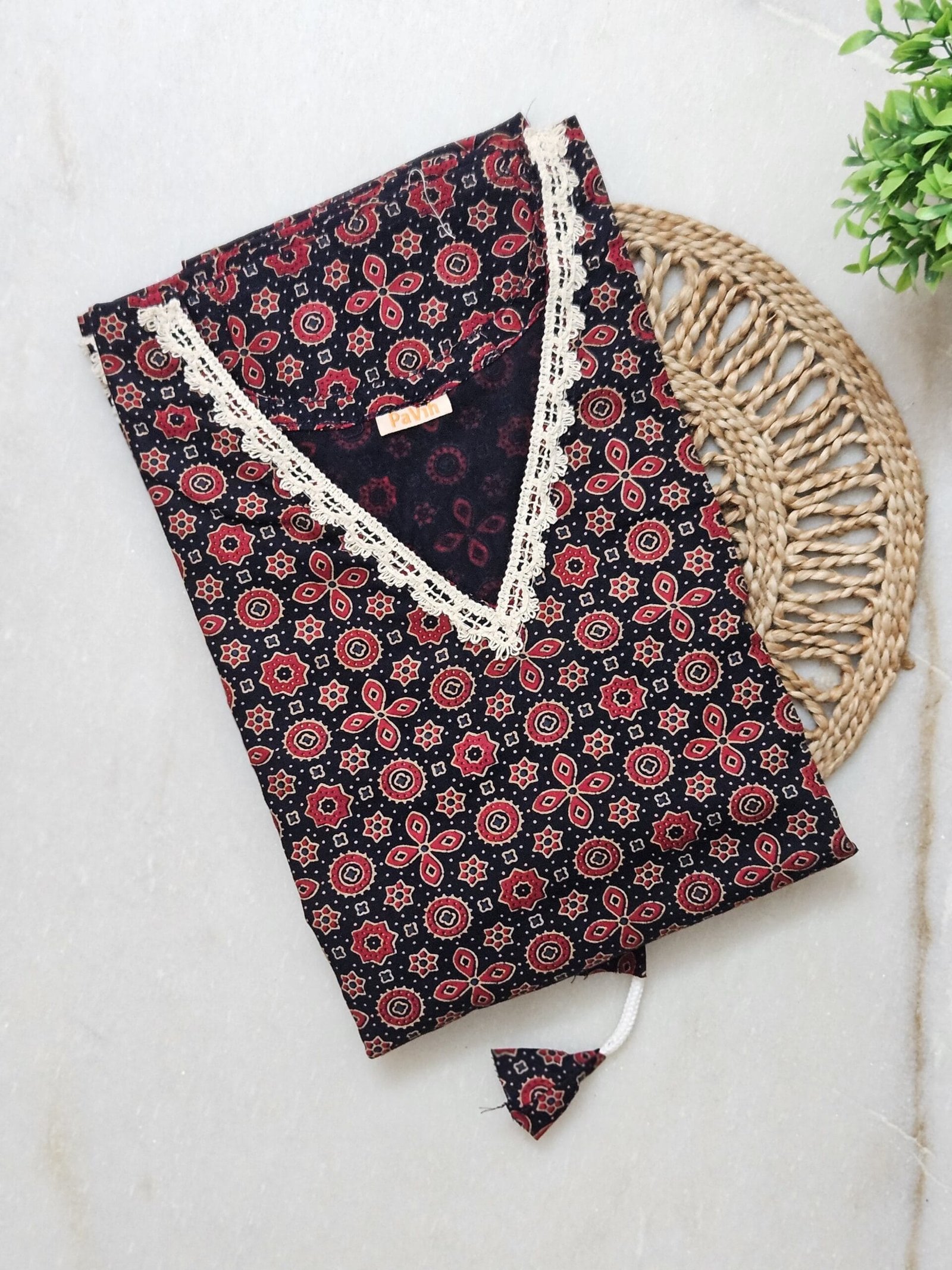 K01 1 scaled Dark Blue Ajrakh Print Lace Neck Pure Cotton Kaftan | 4XL, Bust Size 56” | K01 - Image 2