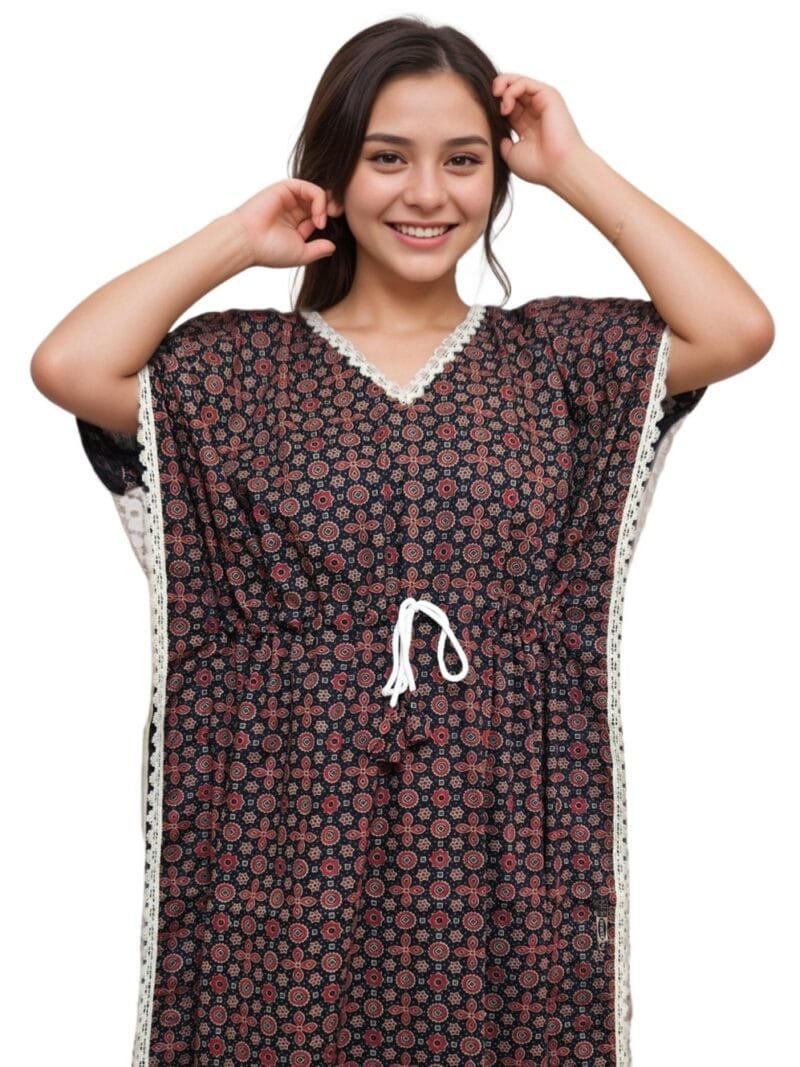 Dark Blue Ajrakh Print Lace Neck Pure Cotton Kaftan | 7XL, Bust Size 56” | K01