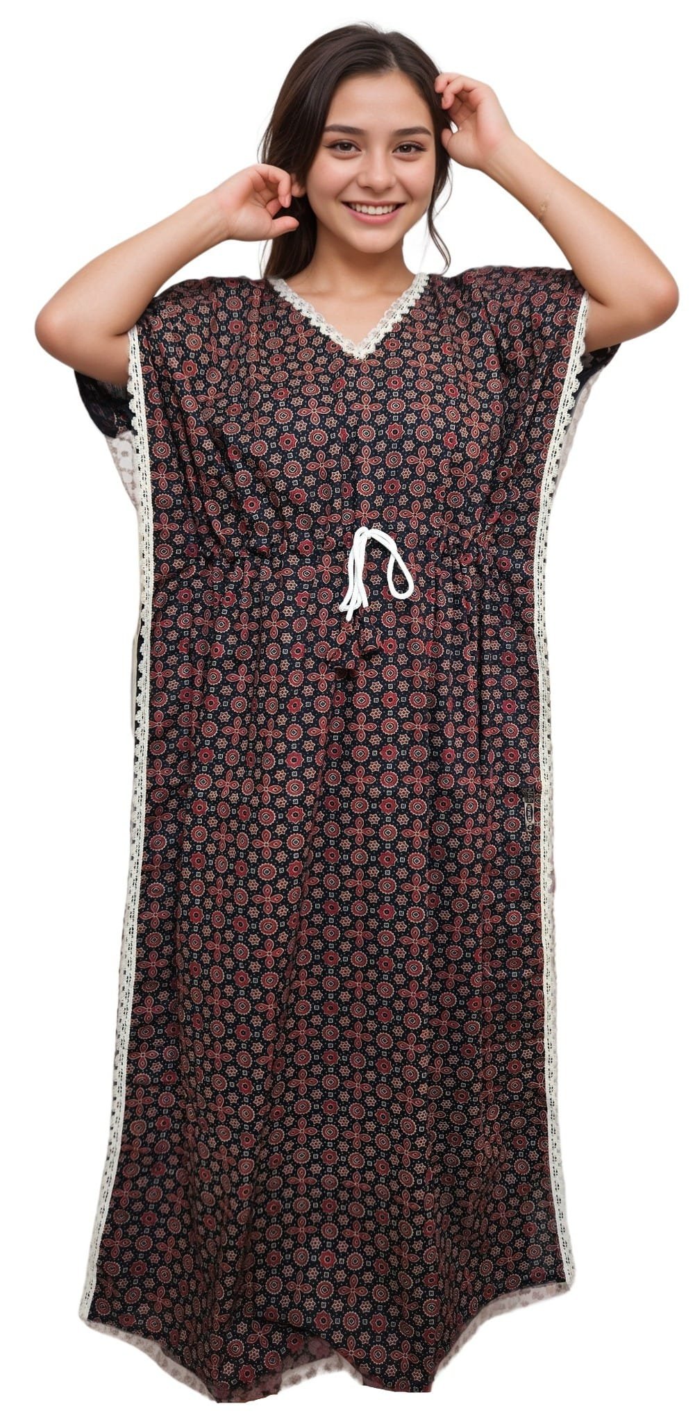 K01 3 Dark Blue Ajrakh Print Lace Neck Pure Cotton Kaftan | 4XL, Bust Size 56” | K01 - Image 4