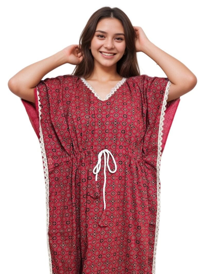 Maroon Ajrakh Print Lace Neck Pure Cotton Kaftan | 7XL, Bust Size 56” | K03