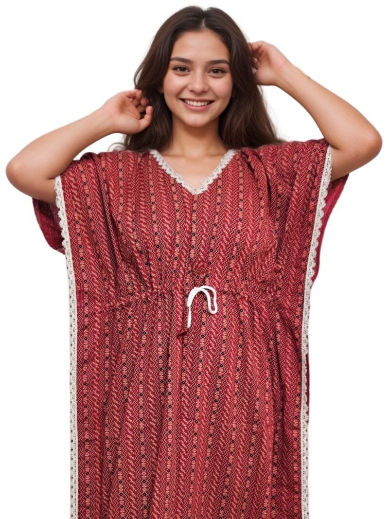 Maroon Ajrakh Print Lace Neck Pure Cotton Kaftan | 7XL, Bust Size 56” | K04