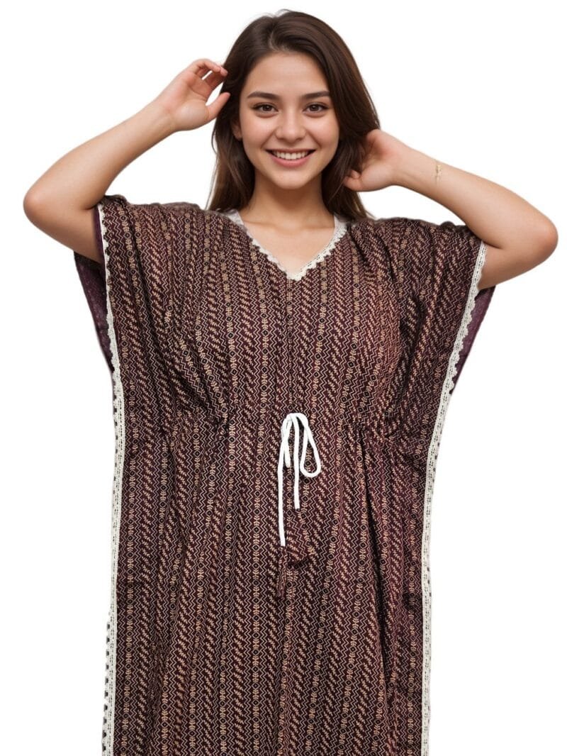 Deep Brown Ajrakh Print Lace Neck Pure Cotton Kaftan | 7XL, Bust Size 56” | K05