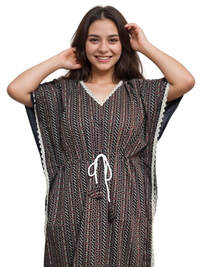 Deep Blue Ajrakh Print Lace Neck Pure Cotton Kaftan | 7XL, Bust Size 56” | K06