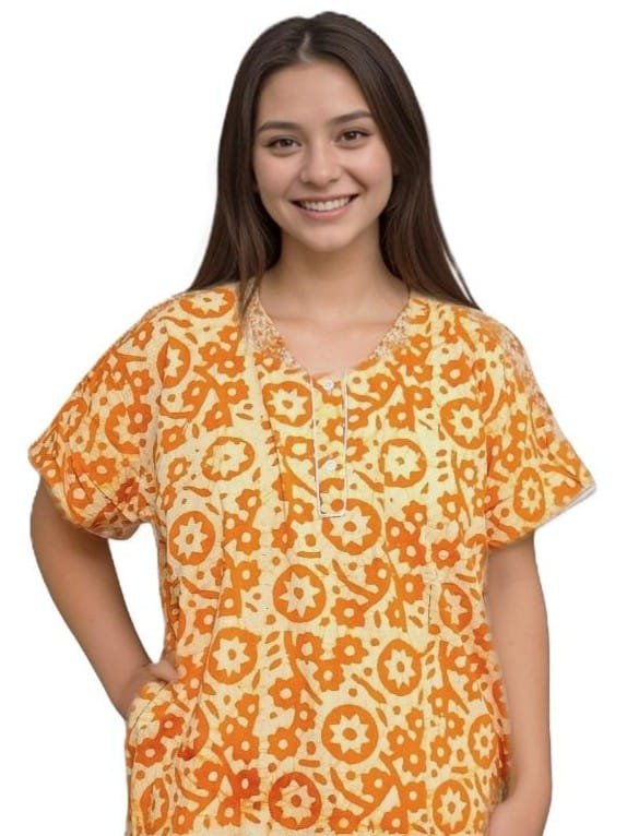 Orange Batik Pure Cotton Nighty | A-line | 5XL, Bust Size 50” | N245