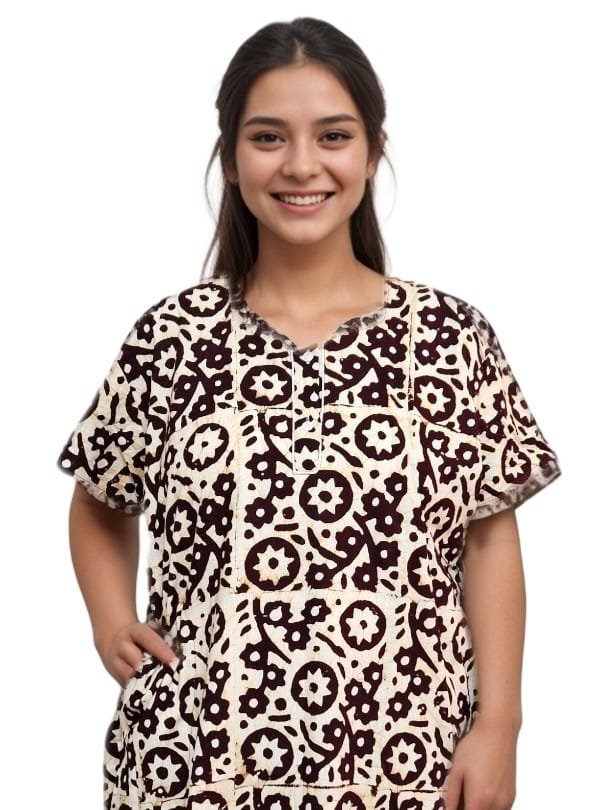 Dark Brown Batik Pure Cotton Nighty | A-line | 5XL, Bust Size 50” | N247